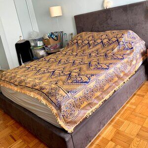 (NWT) Thai Blue and gold bedcover with fringe, Queen size